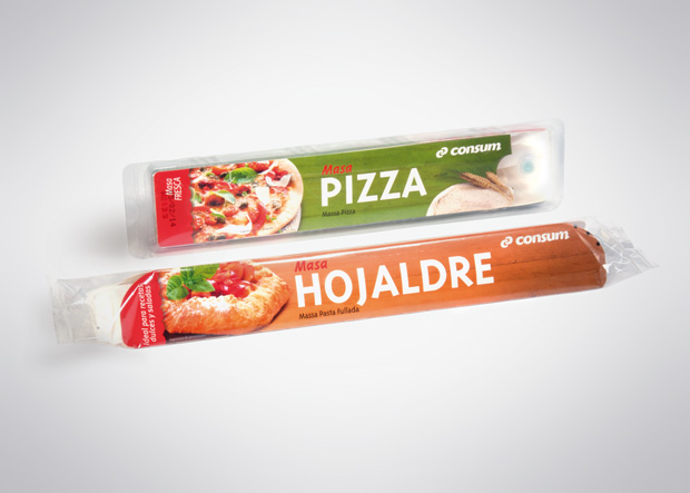 Packaging o envase masa pizza y hojaldre supermercado CONSUM, diseño Duplo comunicacio grafica
